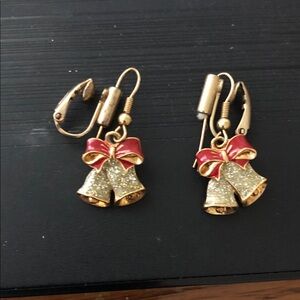 Avon Gold Glitter Bell Earrings with Red Bows